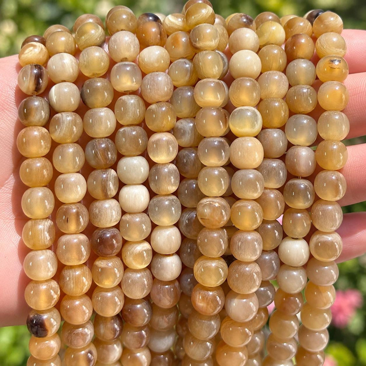Real Buffalo HORN Beads - Amber-Tone Premium Polished - Hand-Carved From Solid Horn Tip - Smooth Off-Round - 15.5 Inch