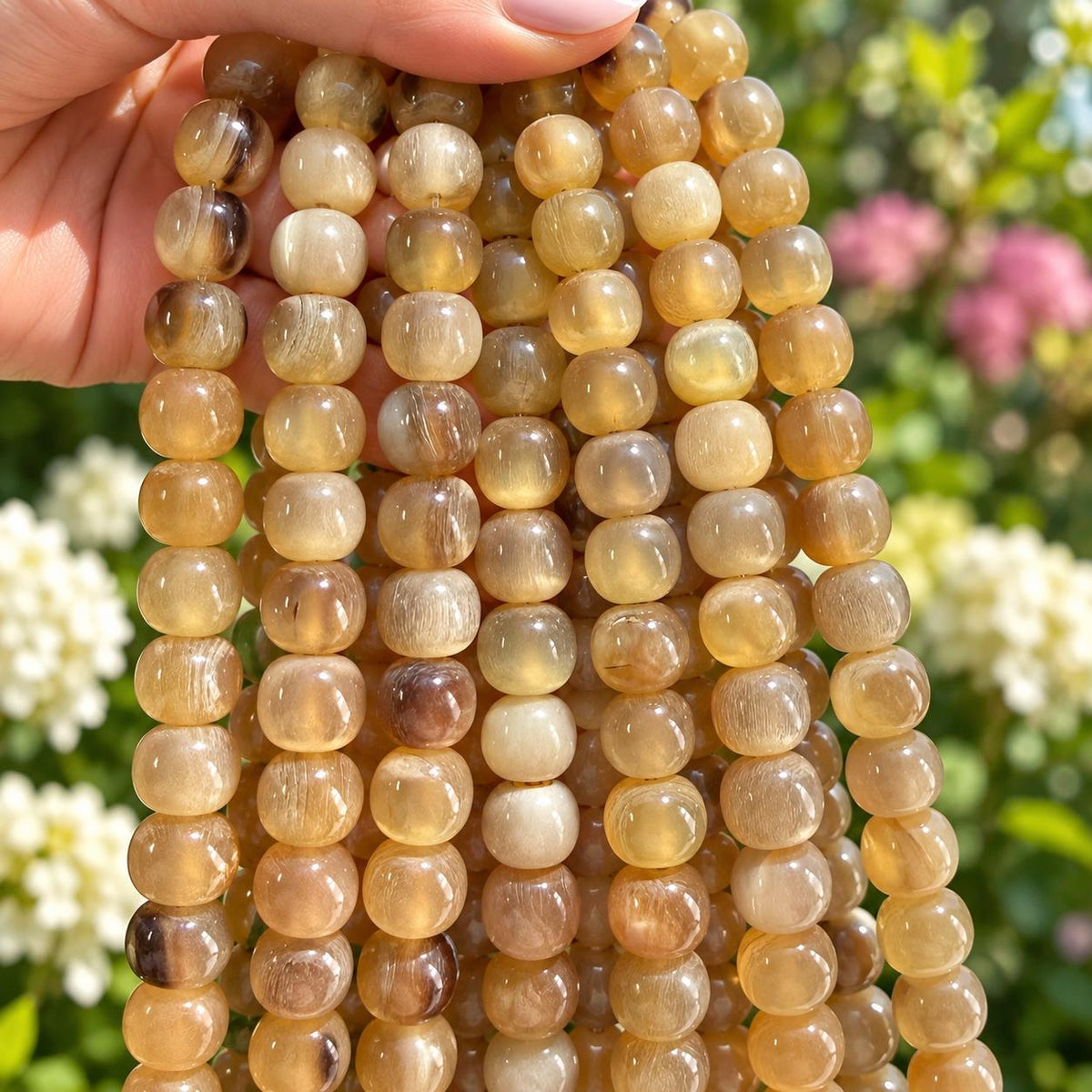 Real Buffalo HORN Beads - Amber-Tone Premium Polished - Hand-Carved From Solid Horn Tip - Smooth Off-Round - 15.5 Inch