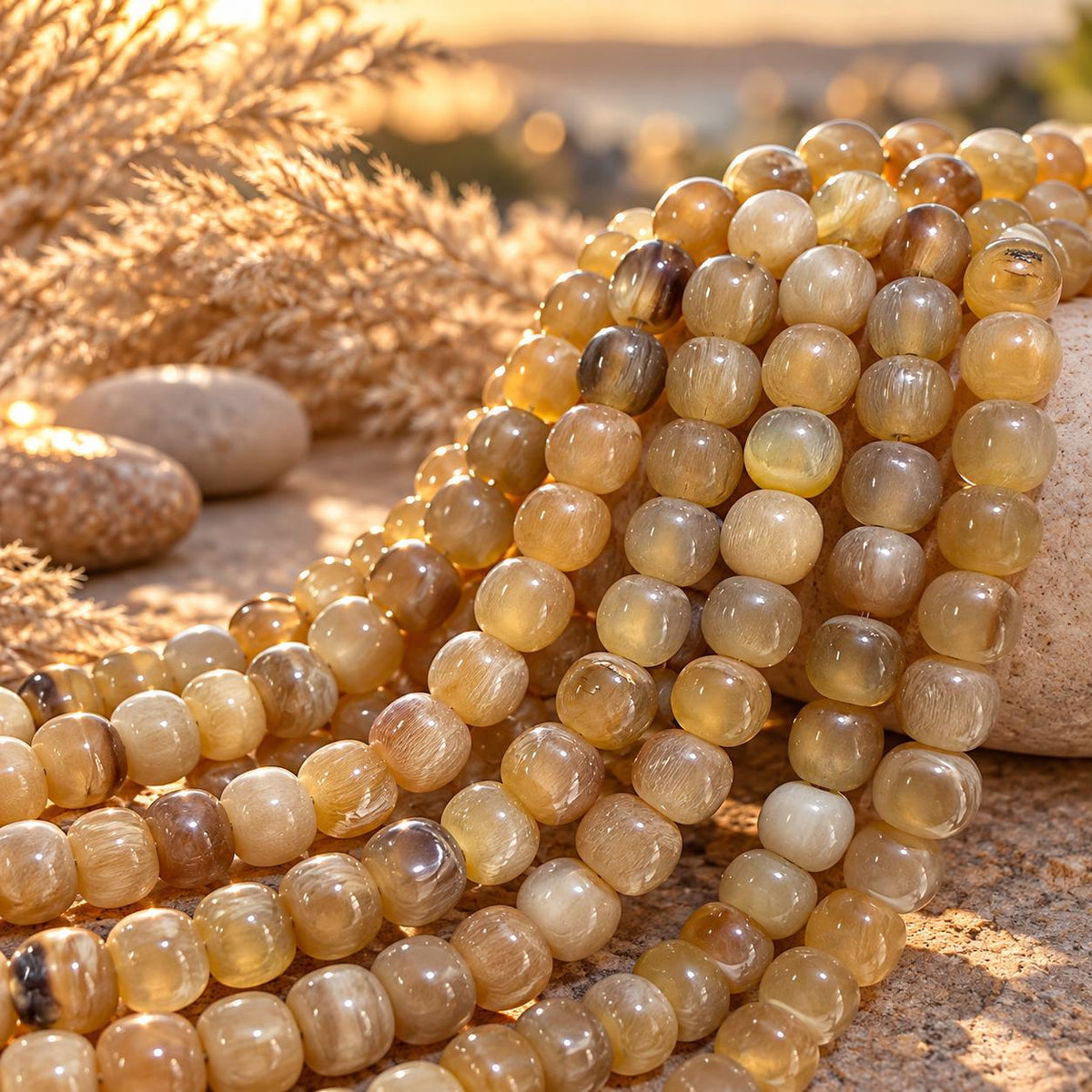 Real Buffalo HORN Beads - Amber-Tone Premium Polished - Hand-Carved From Solid Horn Tip - Smooth Off-Round - 15.5 Inch
