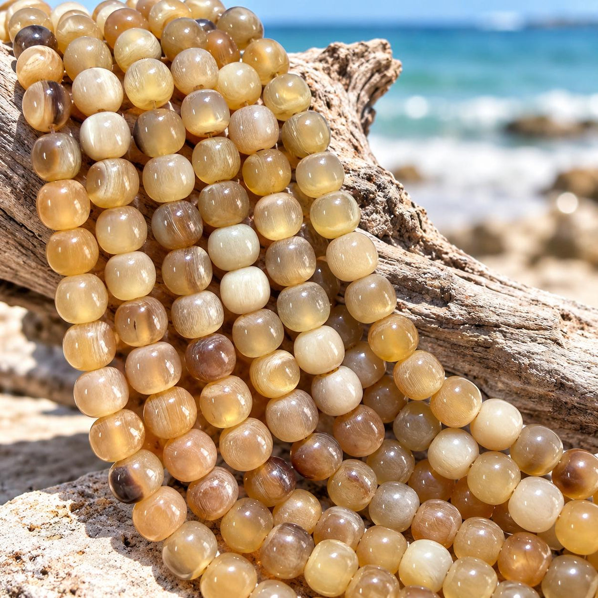 Real Buffalo HORN Beads - Amber-Tone Premium Polished - Hand-Carved From Solid Horn Tip - Smooth Off-Round - 15.5 Inch