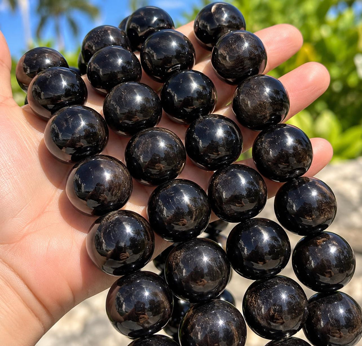 XL Real Buffalo HORN Beads - Black Luster Premium Polished - Hand-Carved From Solid Horn Tip - Rare Find Gigantic Smooth Round - 15.5 Inch