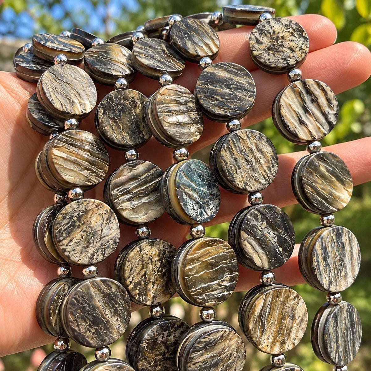 Real Buffalo HORN Beads - Natural Grooved Texture Double-Sided Rough Unpolished Coin Shape - 15.5 Inch