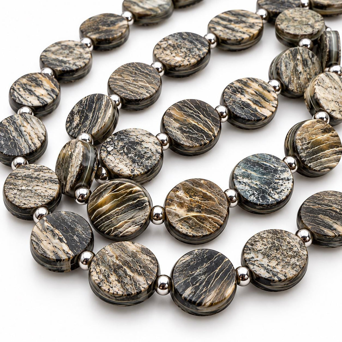 Real Buffalo HORN Beads - Natural Grooved Texture Double-Sided Rough Unpolished Coin Shape - 15.5 Inch