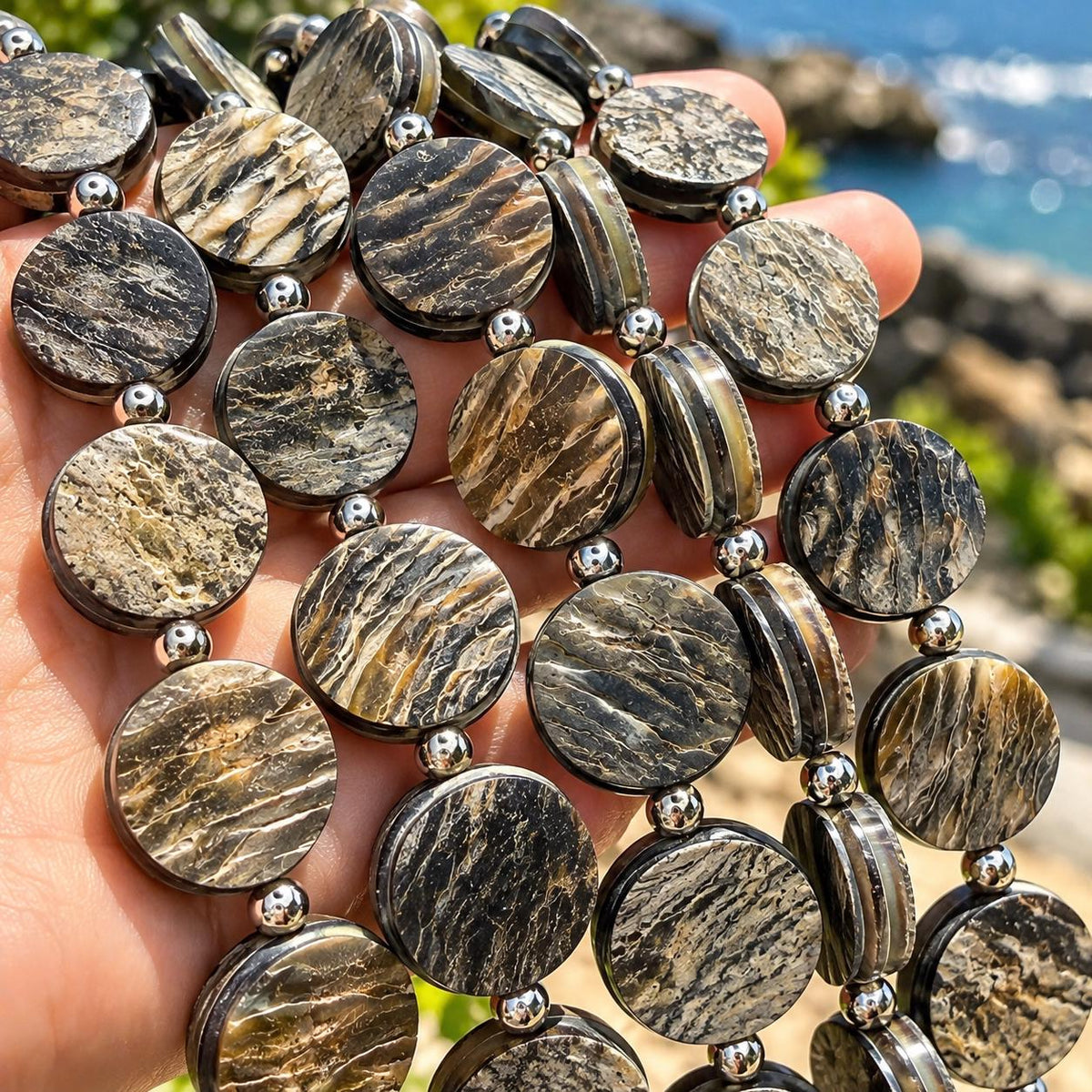 Real Buffalo HORN Beads - Natural Grooved Texture Double-Sided Rough Unpolished Coin Shape - 15.5 Inch