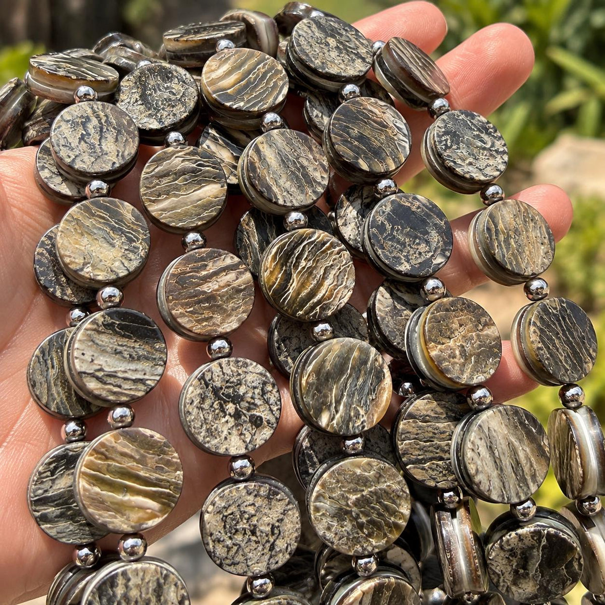 Real Buffalo HORN Beads - Natural Grooved Texture Double-Sided Rough Unpolished Coin Shape - 15.5 Inch