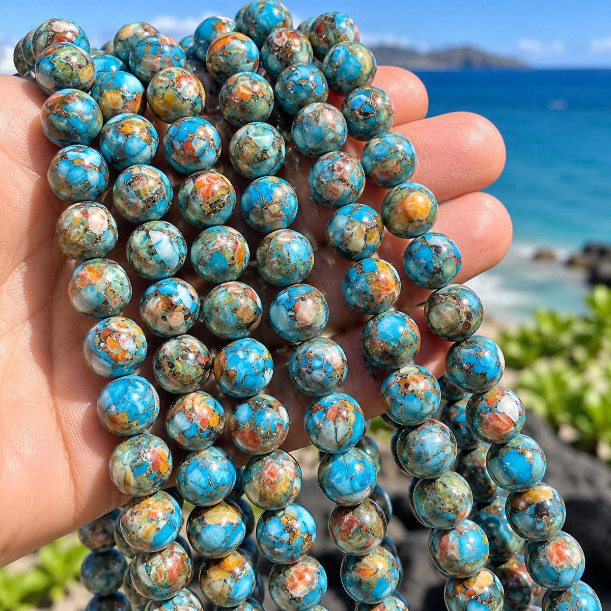 2in1 Spiny Oyster Shell & Mohave Copper Turquoise Beads - Not Dyed or Color Enhanced - Small Batch Production - Composite Inlay Round 10mm