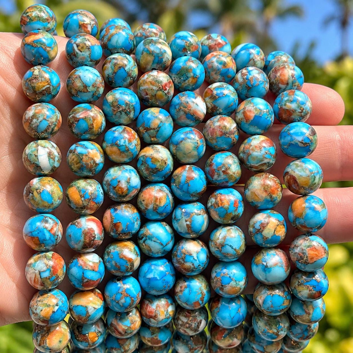 2in1 Spiny Oyster Shell & Mohave Copper Turquoise Beads - Not Dyed or Color Enhanced - Small Batch Production - Composite Inlay Round 10mm