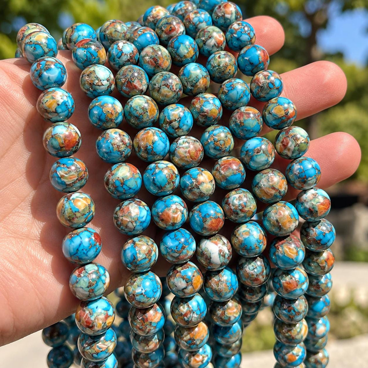 2in1 Spiny Oyster Shell & Mohave Copper Turquoise Beads - Not Dyed or Color Enhanced - Small Batch Production - Composite Inlay Round 10mm