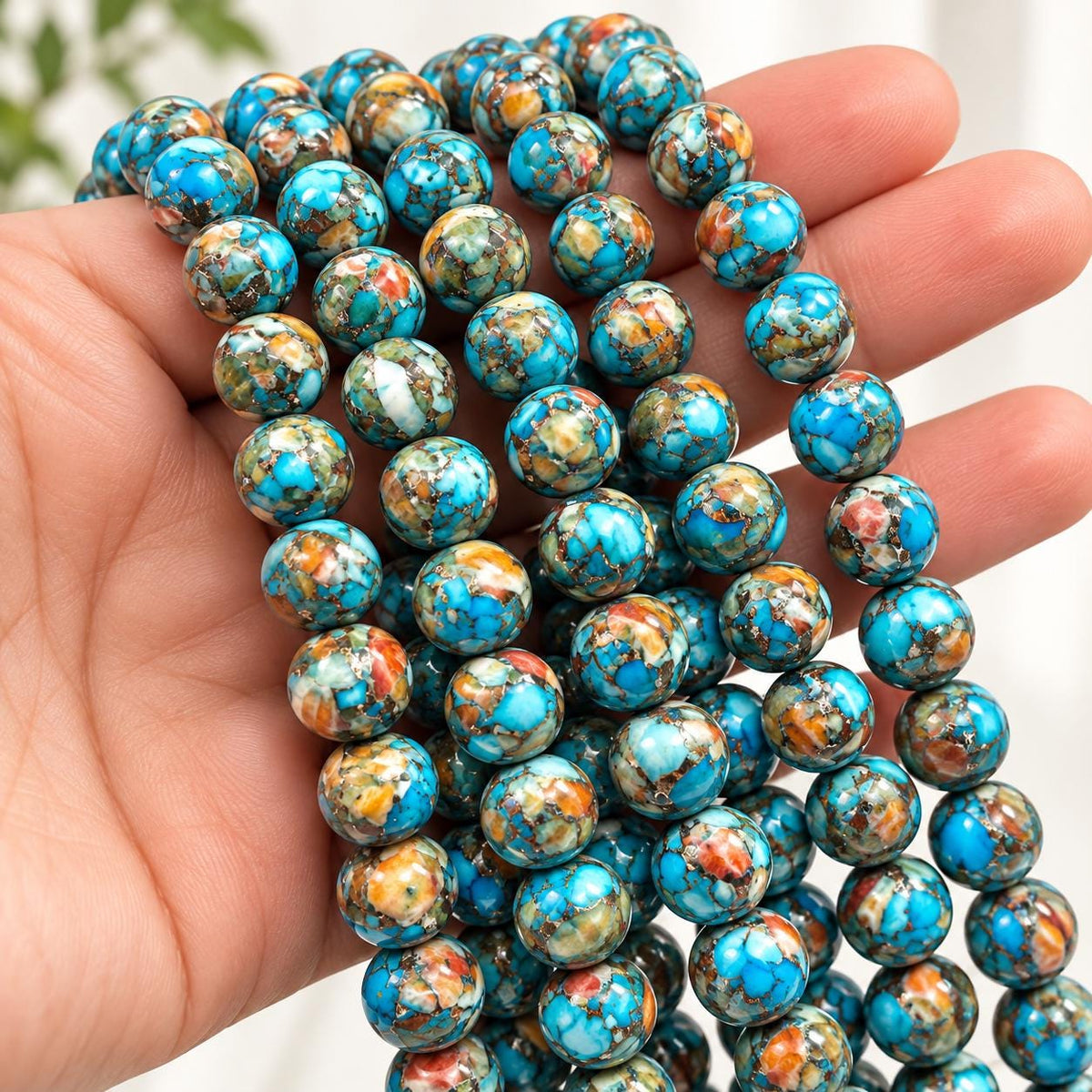 2in1 Spiny Oyster Shell & Mohave Copper Turquoise Beads - Not Dyed or Color Enhanced - Small Batch Production - Composite Inlay Round 10mm