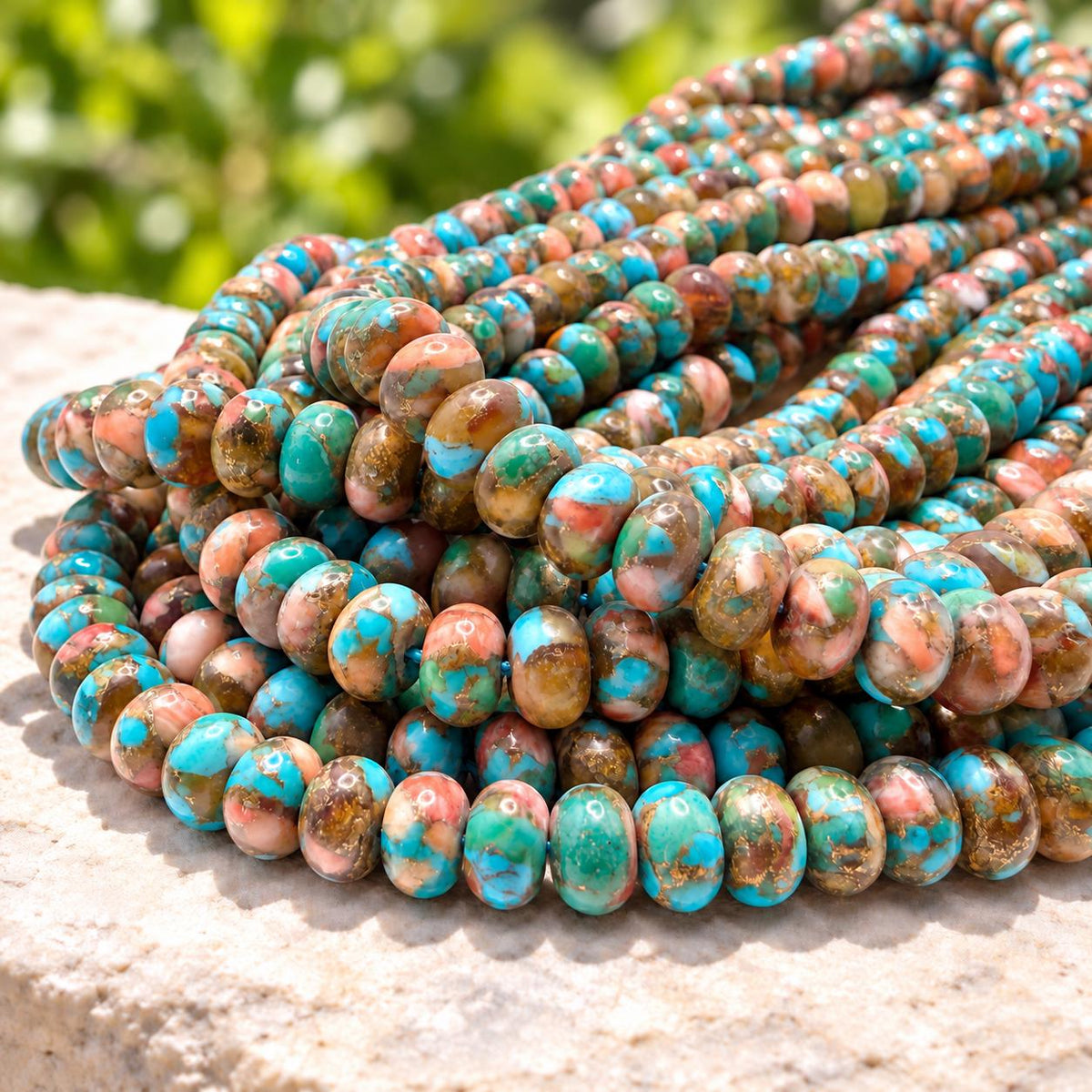 3in1 Baltic AMBER, Spiny Oyster Shell & Mohave Copper Turquoise Beads AAA - Not Dyed or Color Enhanced- Rare Find - Composite Inlay Rondelle