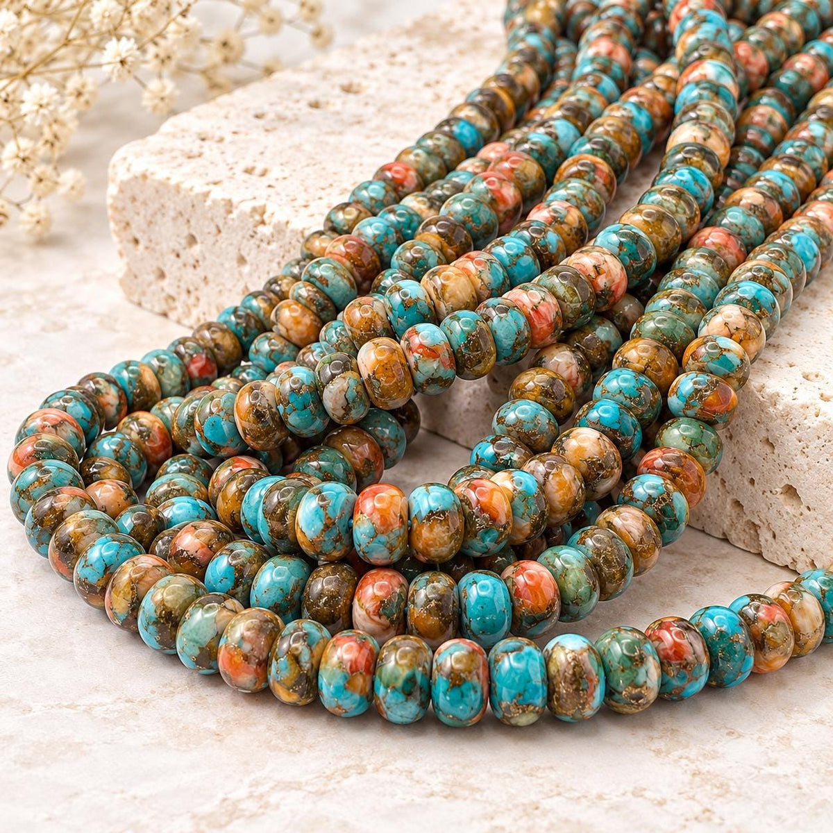 3in1 Baltic AMBER, Spiny Oyster Shell & Mohave Copper Turquoise Beads AAA - Not Dyed or Color Enhanced- Rare Find - Composite Inlay Rondelle