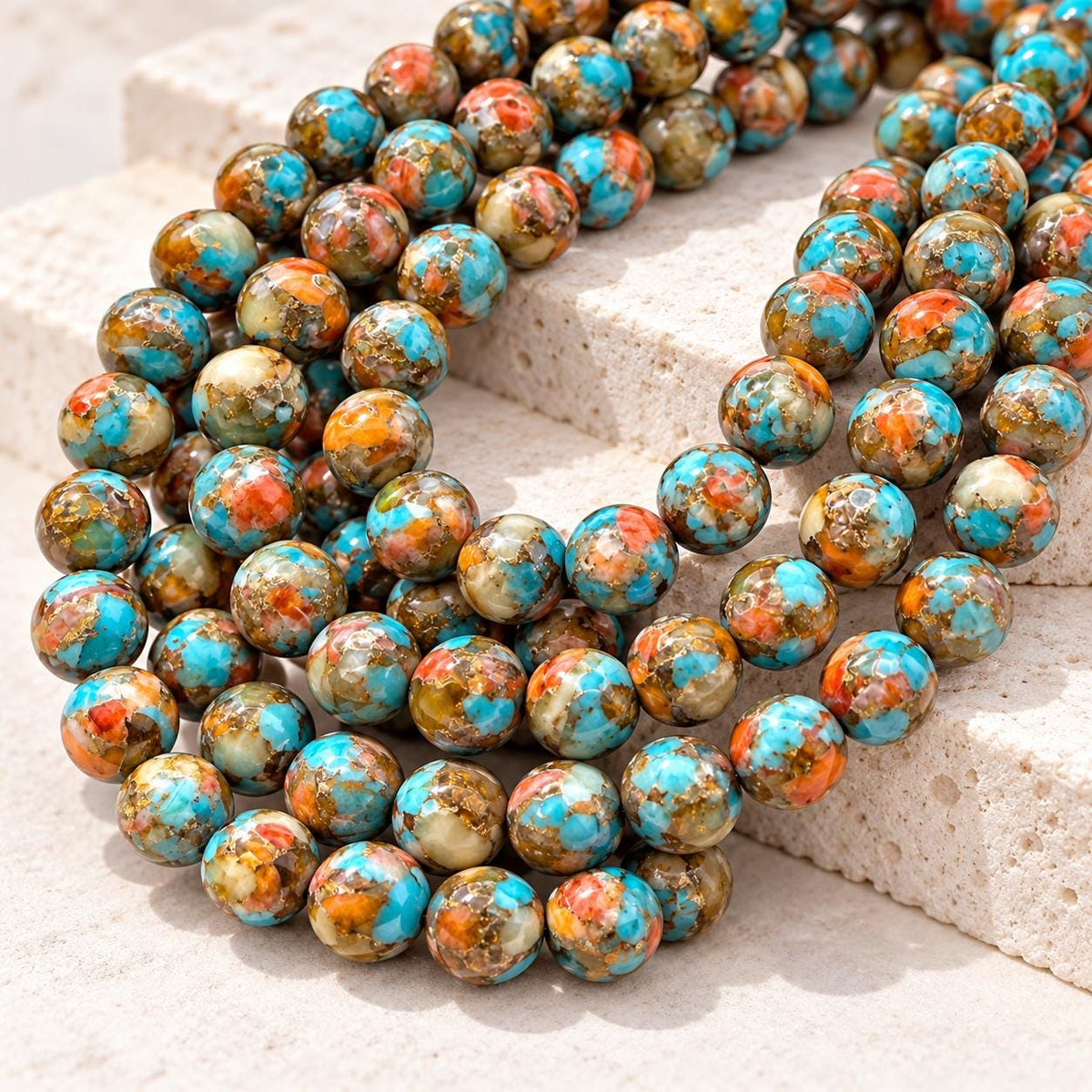 3in1 Baltic AMBER, Spiny Oyster Shell & Mohave Copper Turquoise Beads AAA- Not Dyed or Color Enhanced- Rare Find - Composite Inlay 8mm Round