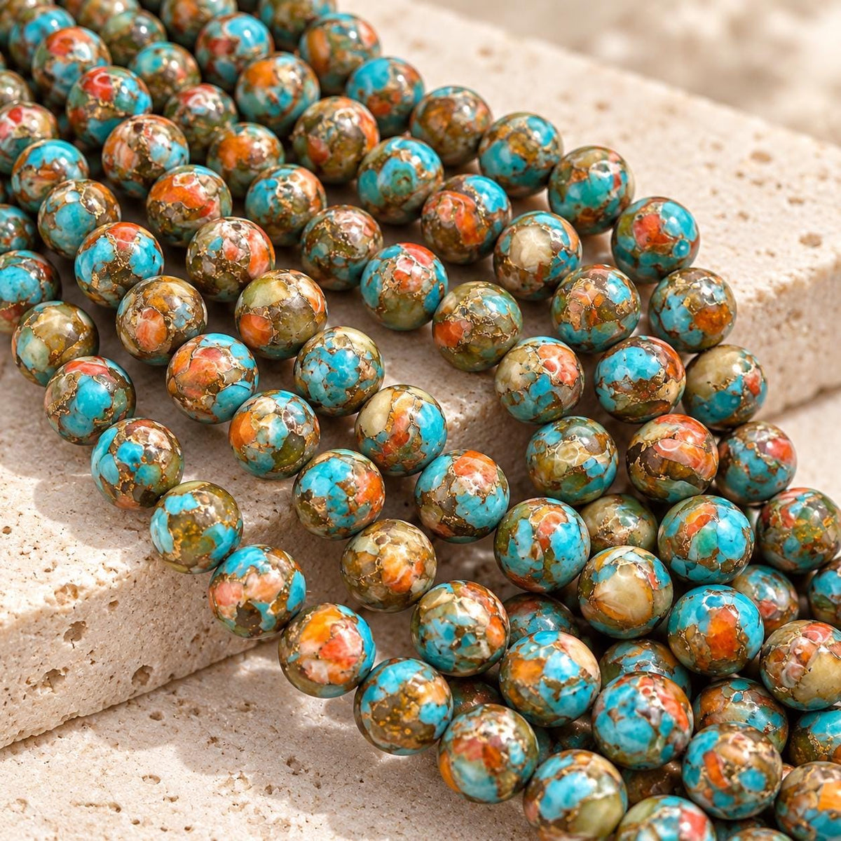 3in1 Baltic AMBER, Spiny Oyster Shell & Mohave Copper Turquoise Beads AAA- Not Dyed or Color Enhanced- Rare Find - Composite Inlay 8mm Round