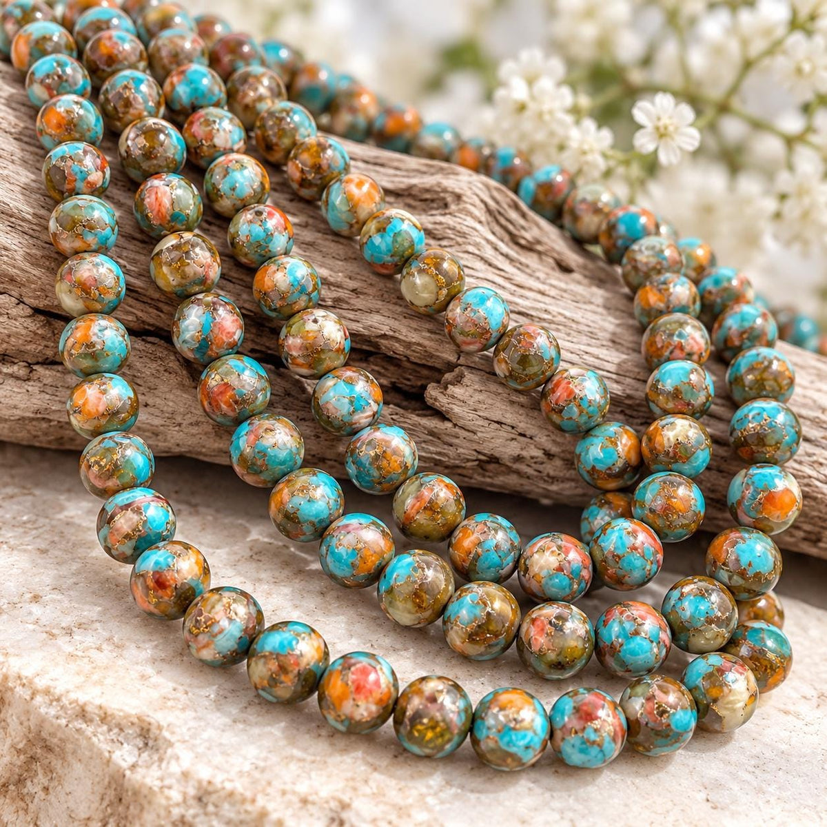 3in1 Baltic AMBER, Spiny Oyster Shell & Mohave Copper Turquoise Beads AAA- Not Dyed or Color Enhanced- Rare Find - Composite Inlay 8mm Round