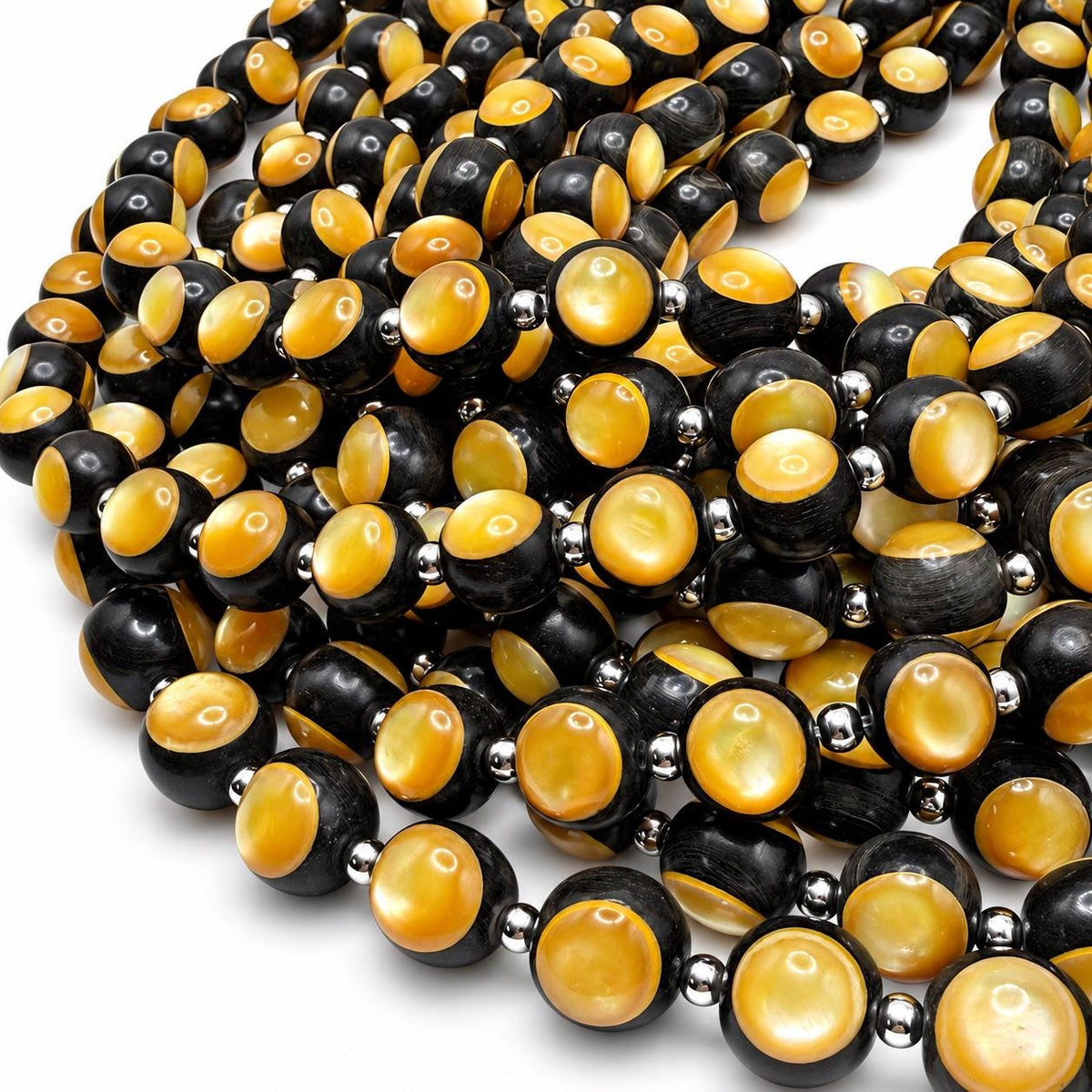 Australian Golden Oyster Shell Beads - Double Inlay in Black Ebony Wood - Mirror Polish - Years of Trial & Error - Round 11mm - 29 Pcs #A201