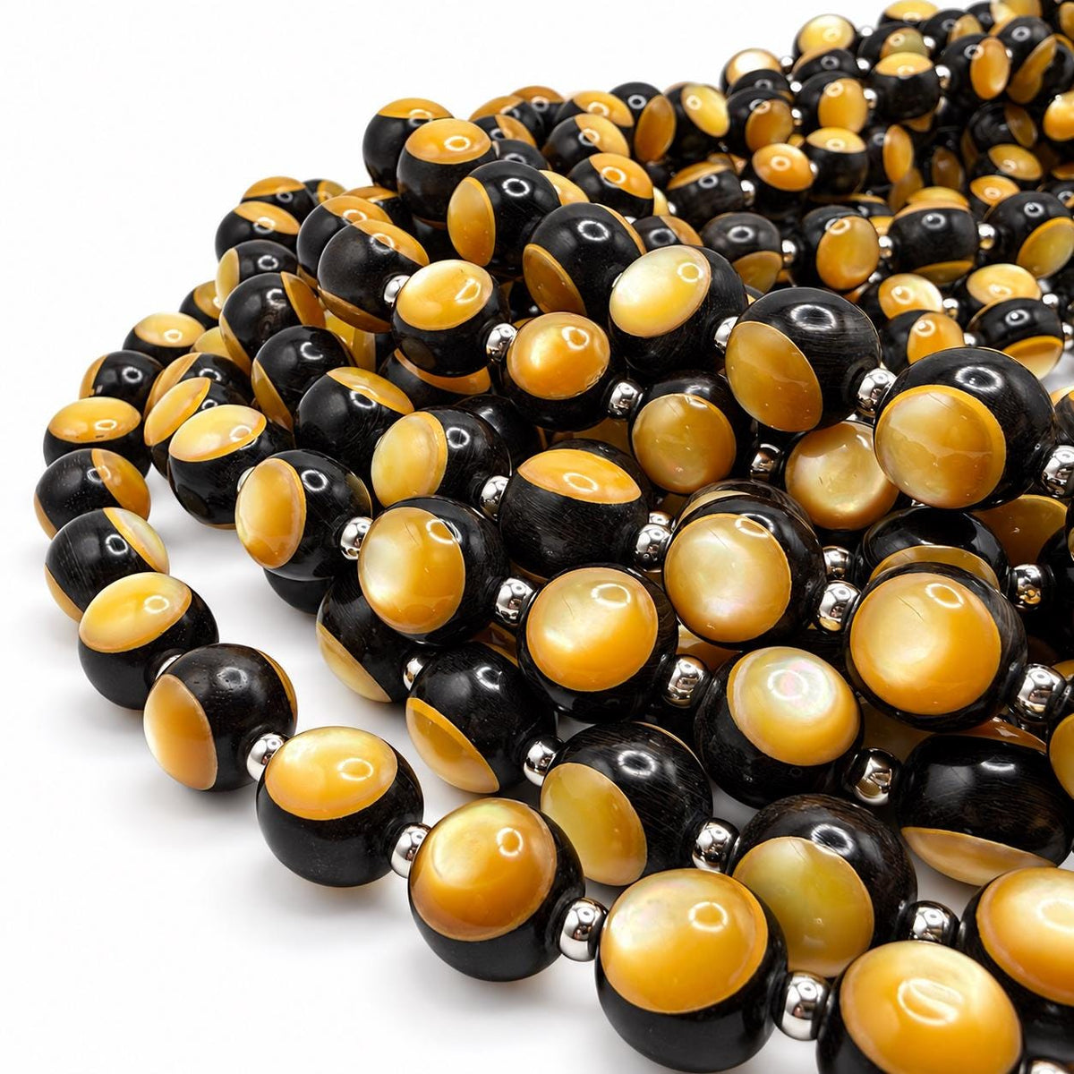Australian Golden Oyster Shell Beads - Double Inlay in Black Ebony Wood - Mirror Polish - Years of Trial & Error - Round 11mm - 29 Pcs #A201