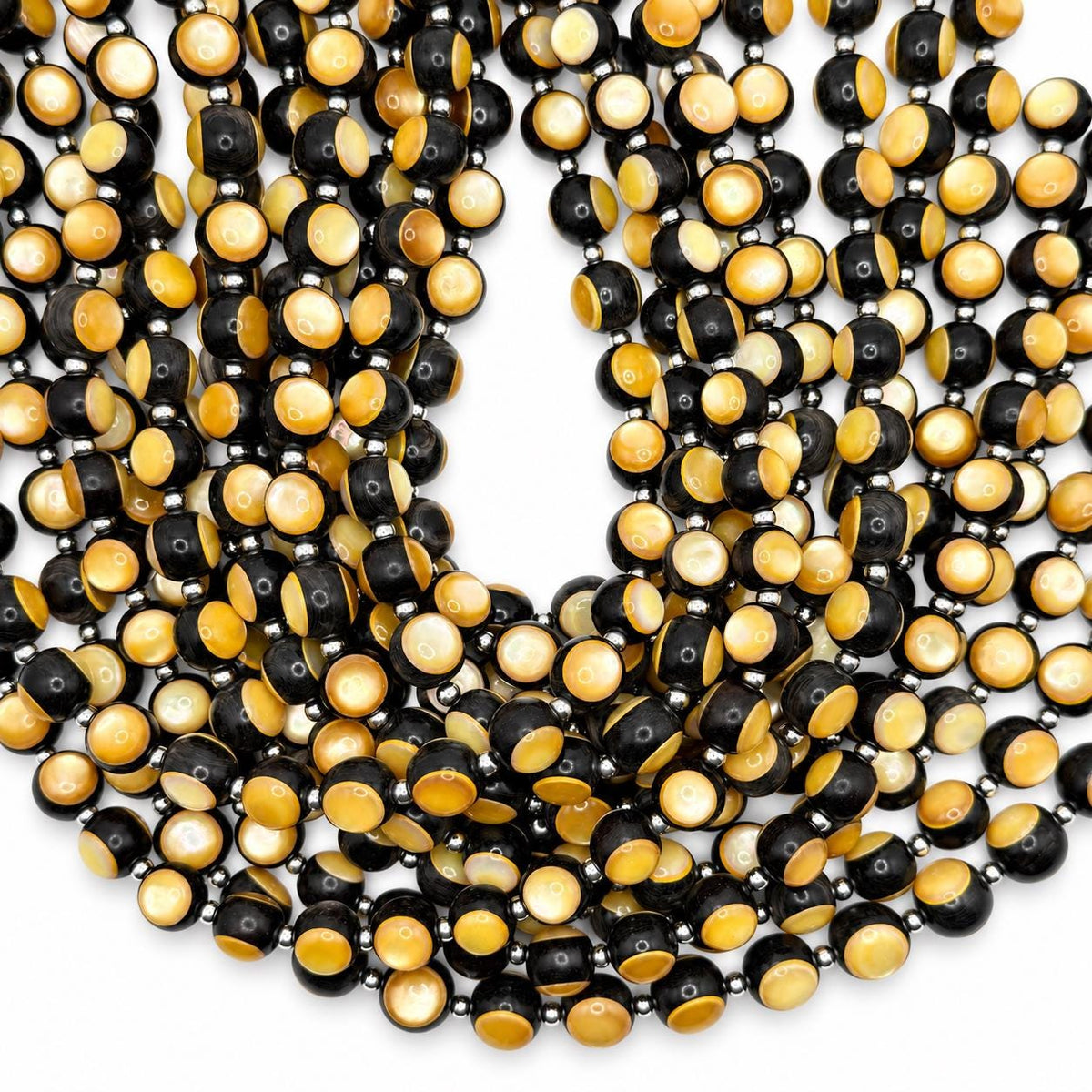 Australian Golden Oyster Shell Beads - Double Inlay in Black Ebony Wood - Mirror Polish - Years of Trial & Error - Round 11mm - 29 Pcs #A201