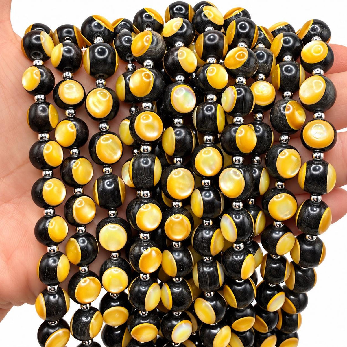 Australian Golden Oyster Shell Beads - Double Inlay in Black Ebony Wood - Mirror Polish - Years of Trial & Error - Round 11mm - 29 Pcs #A201