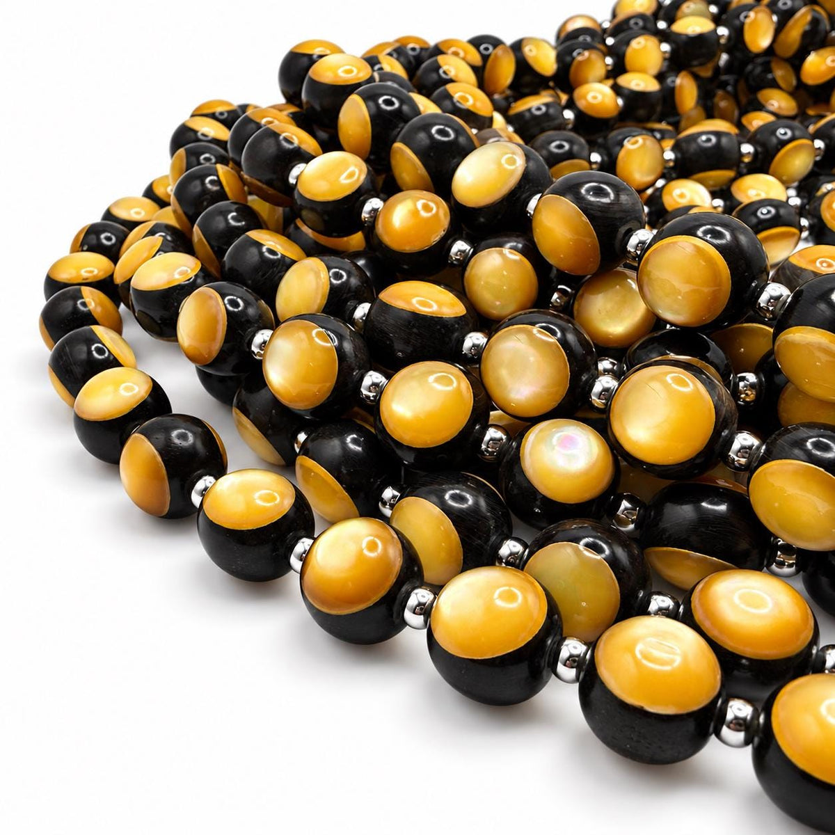 Australian Golden Oyster Shell Beads - Double Inlay in Black Ebony Wood - Mirror Polish - Years of Trial & Error - Round 11mm - 29 Pcs #A201