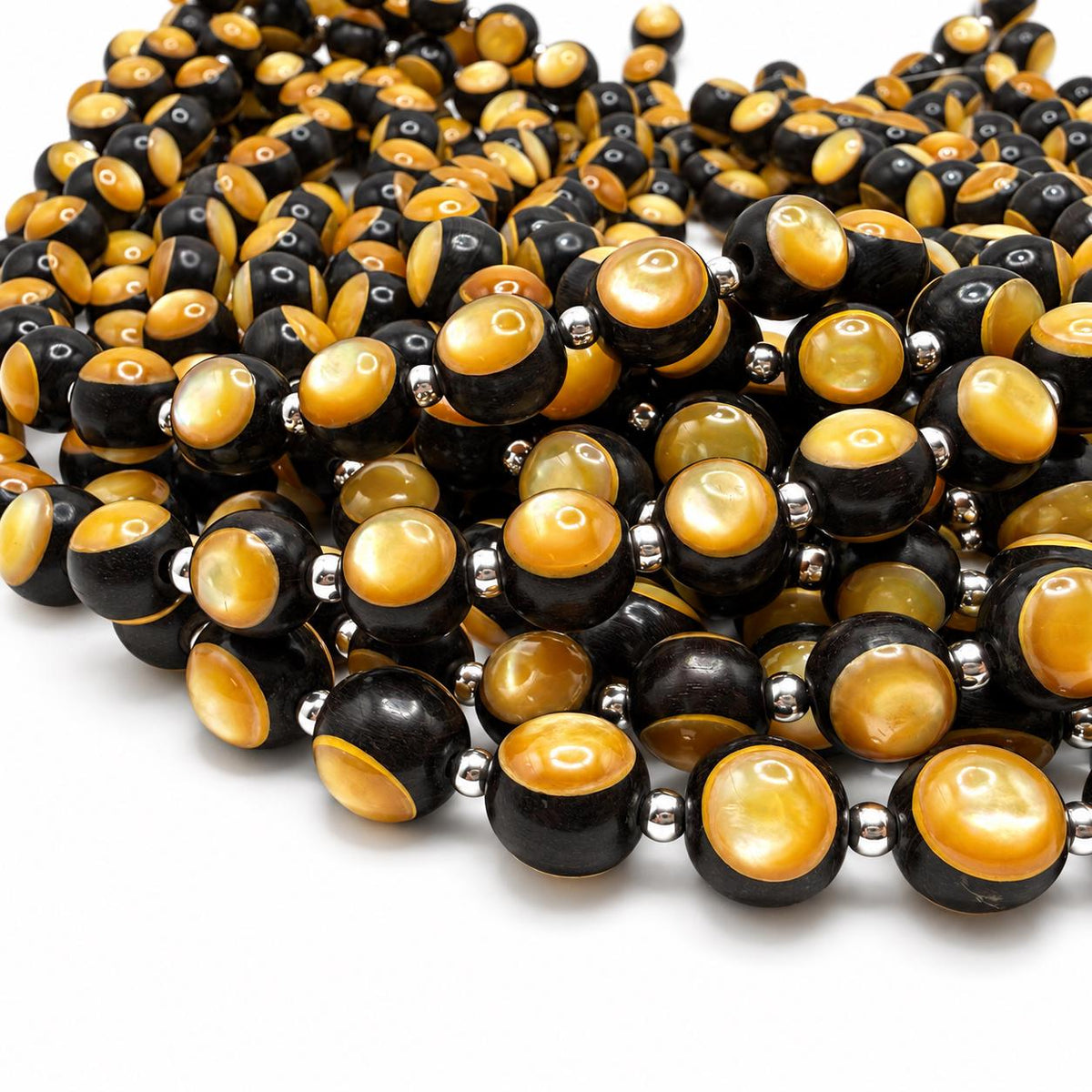 Australian Golden Oyster Shell Beads - Double Inlay in Black Ebony Wood - Mirror Polish - Years of Trial & Error - Round 11mm - 29 Pcs #A201