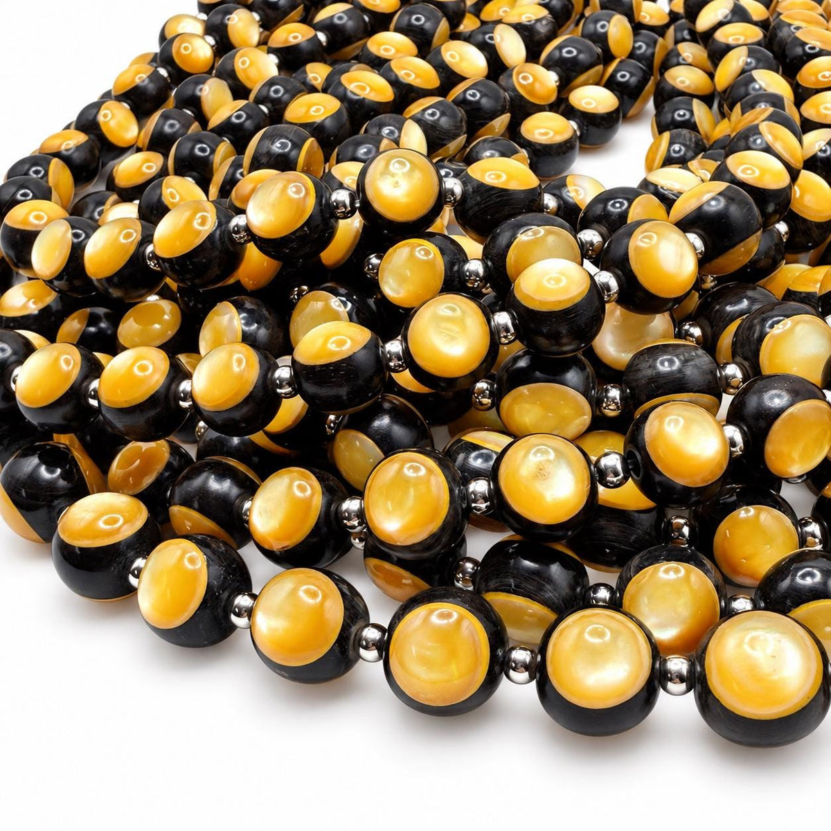 Australian Golden Oyster Shell Beads - Double Inlay in Black Ebony Wood - Mirror Polish - Years of Trial & Error - Round 11mm - 29 Pcs #A201