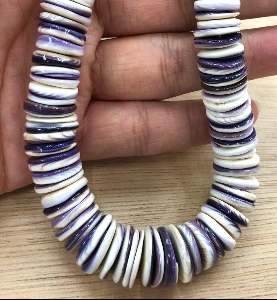 Gigantic Wampum Quahog Shell Beads From New England, USA (America's First Currency From Year 1637-1673) Natural Deep-Ocean Seashell, Rondelle, Heishi, Graduated, 15.5 Inches, 8-16mm