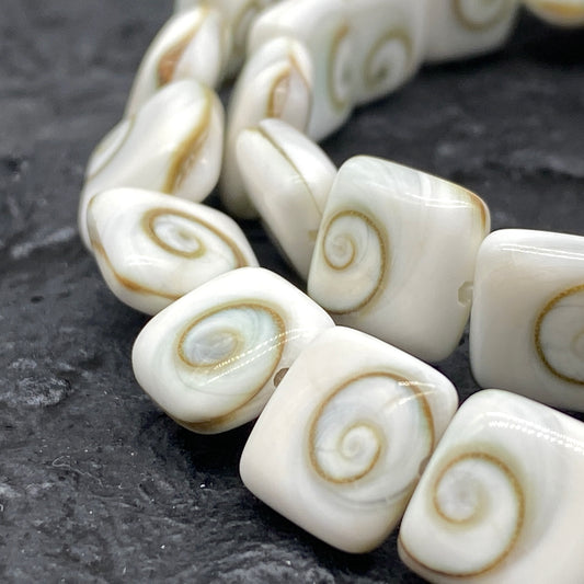 Pearly-White Indonesian Shiva Eye Shell Beads (Doublet- Two Shells in One Bead) Chakra Yin-Yang Double-Energy DIY Jewelry Making Smooth Square Shape