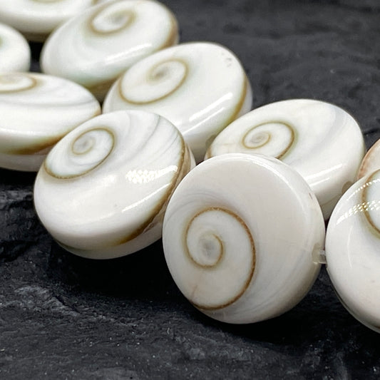 Shiva Eye Shell Beads From Pacific Ocean (AAA Whitest White Quality - Every Bead Made From Two Operculum Shells - Matching Spiral Matrix) Chakra Energy Doublet Coin Shape (Protective Door of the Snail Shell)