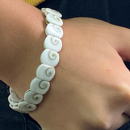 Shiva Eye Shell Beads Bracelet From Pacific Ocean (AAA Whitest White Quality - Every Bead Made From Two Operculum Shells - Matching Spiral Matrix) Men Jewelry Durable Double-Drilled 10X12mm Elastic 7.25 Inches (Protective Door of the Snail Shell)